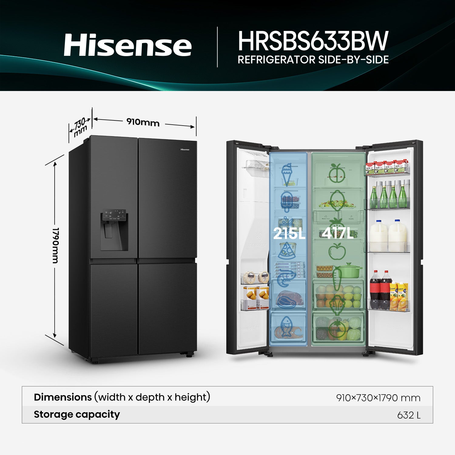 Hisense 632L Side by Side Fridge HRSBS633BW
