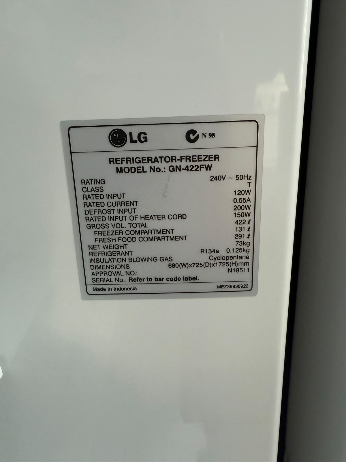 LG GN-422FW 422L Top Mount Fridge – White